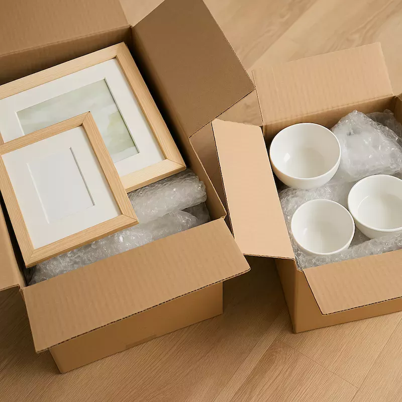 Inslagna ömtåliga föremål som tavlor och porslin i flyttkartonger